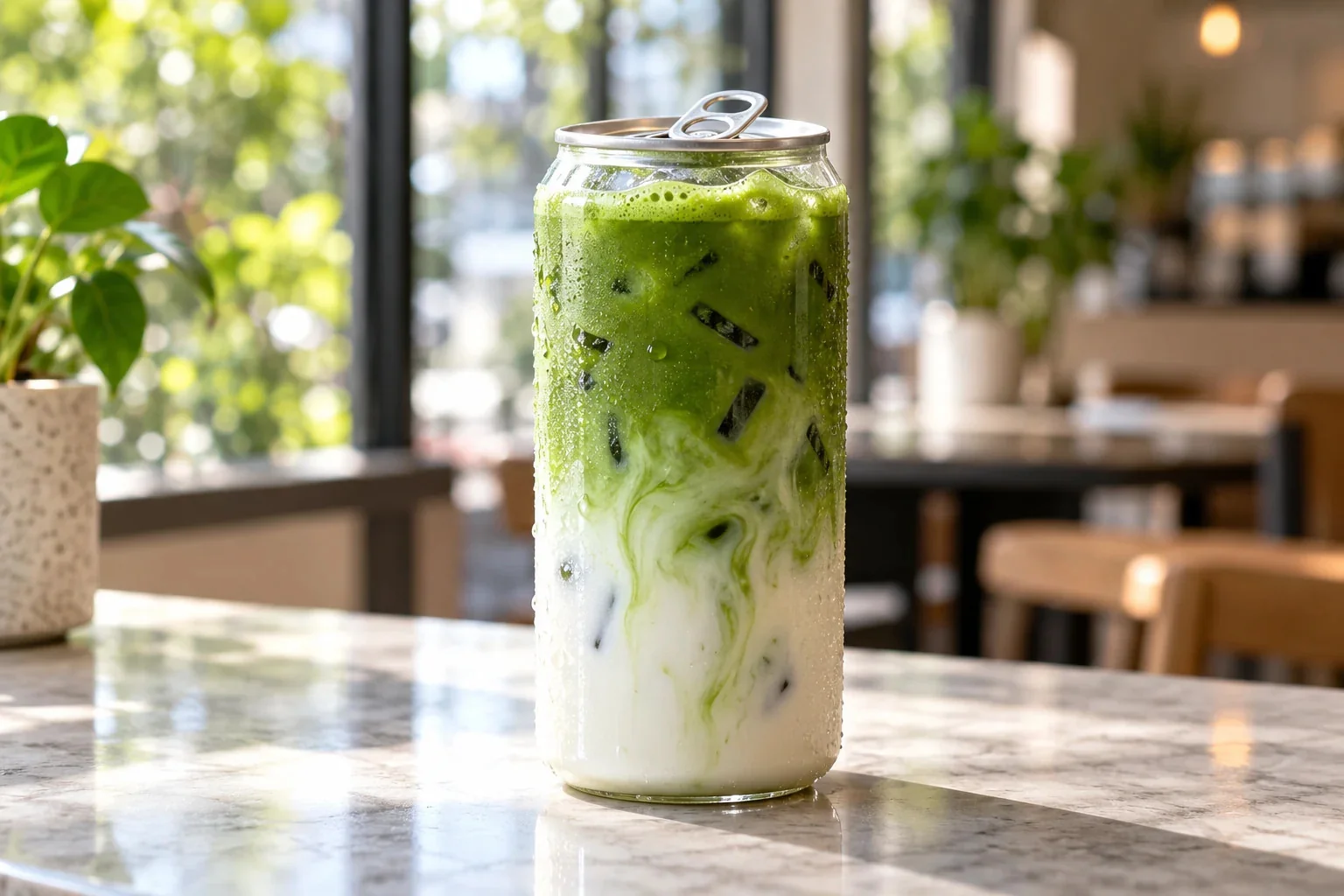 Jeges matcha latte átlátszó dobozban